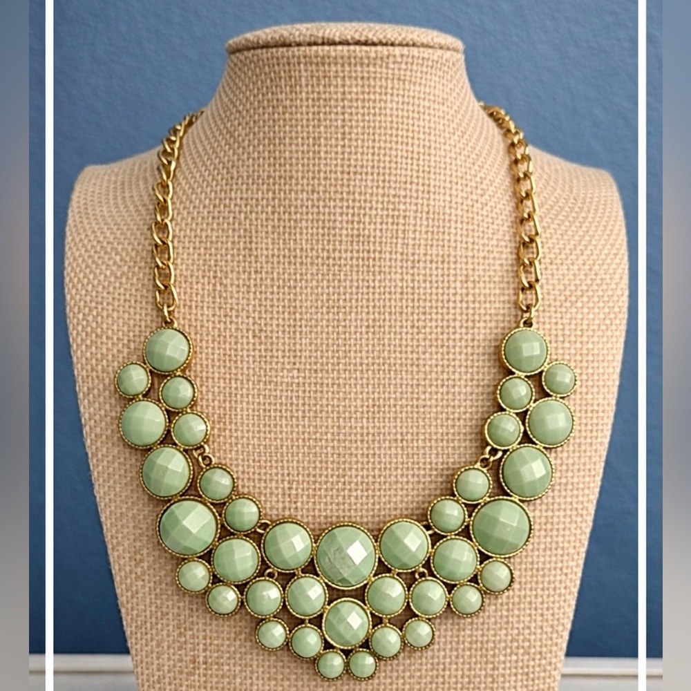Mint Green Bubble Bib Statement Necklace Gold Tone